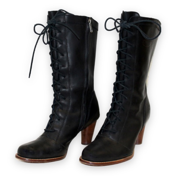 UGG Shoes - Women's Ugg Australia Camille 5501 Black Leather Lace Up Knee High Heeled Boots